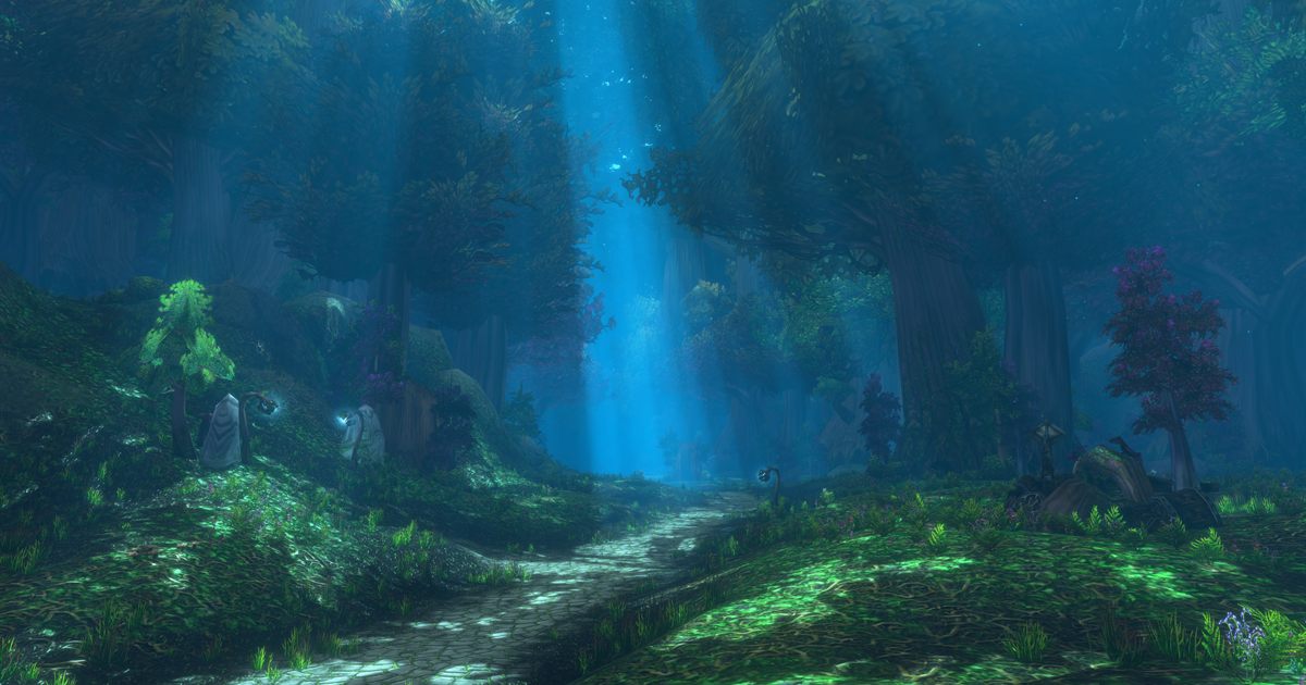 A shaft of light breaking through the forest canopy in Ashenvale, lighting a path through the undergrowth