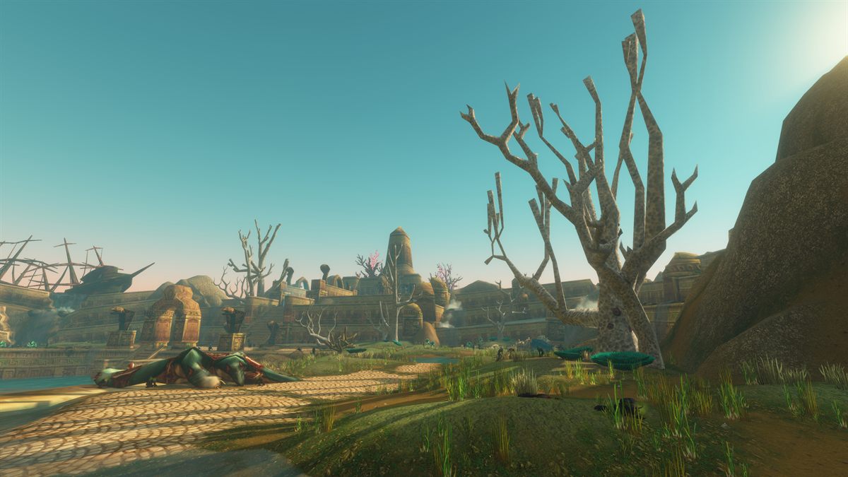 The Drowned City dungeon: a drained coastal ruin under a pale sky, with bare trees and the remains of a large sea creature