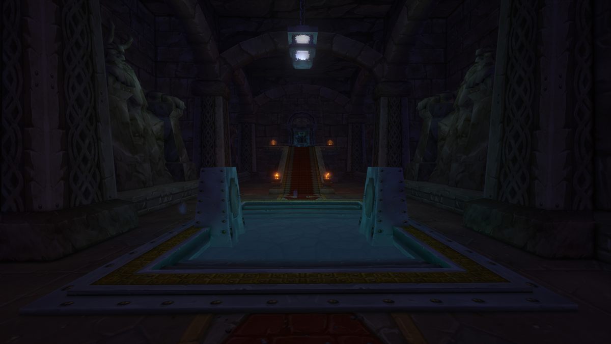 The Hall of Thanes: a dark dwarven throne hall built around a central pool, lit by braziers