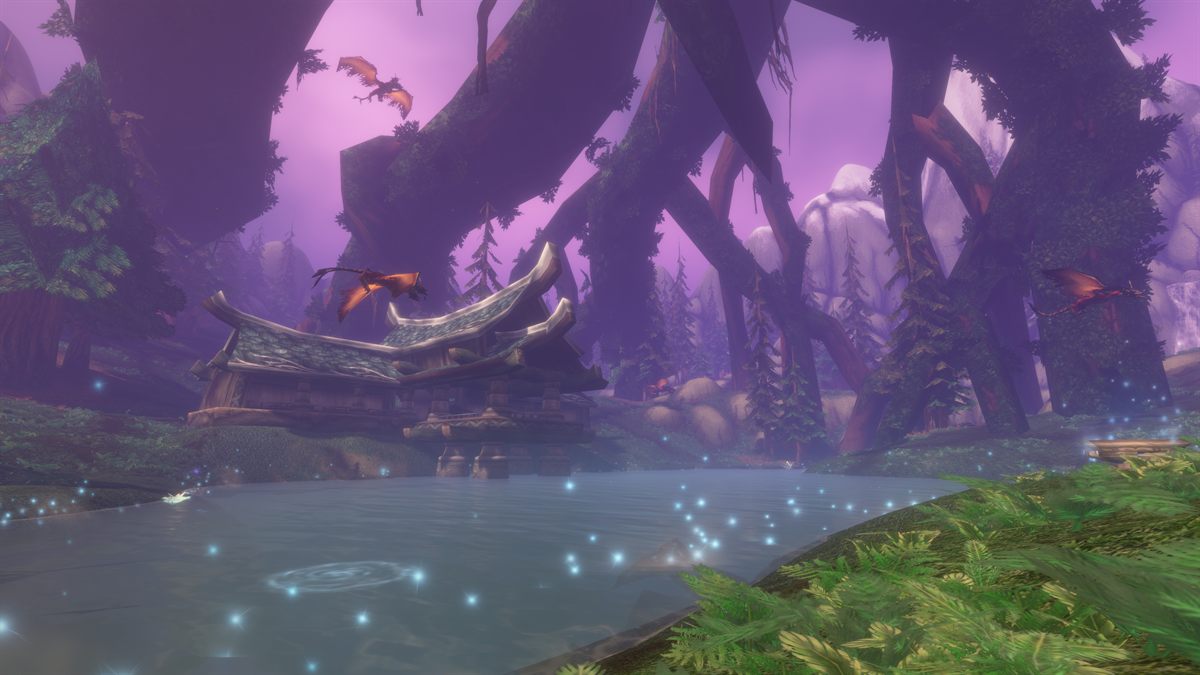 A shrine over still water in Mount Hyjal, lit purple beneath enormous trees with wisps drifting above the surface