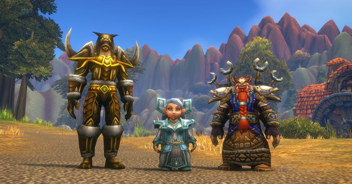 Three characters showing new race and class combinations: a plate-armoured tauren, a gnome, and a dwarf with totems