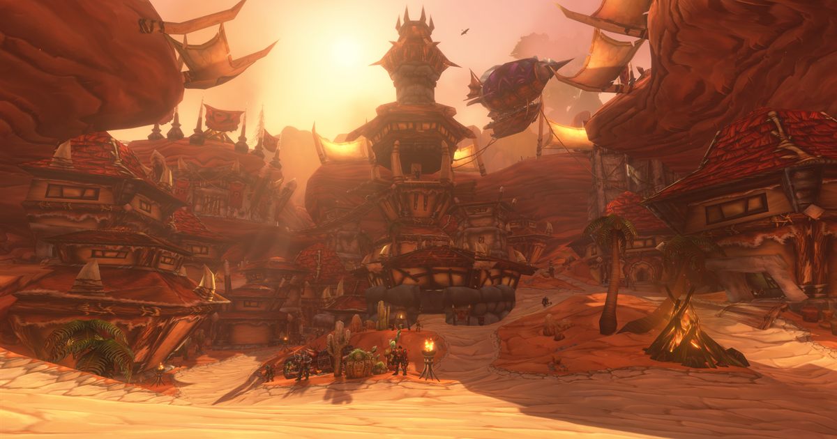 Orgrimmar at sunset under Forever's new lighting, god rays falling across the valley
