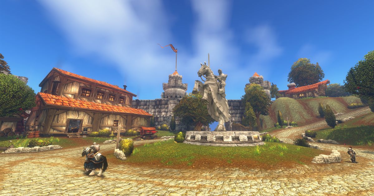 A human town in the Riverglades with a mounted knight statue and a castle wall behind it