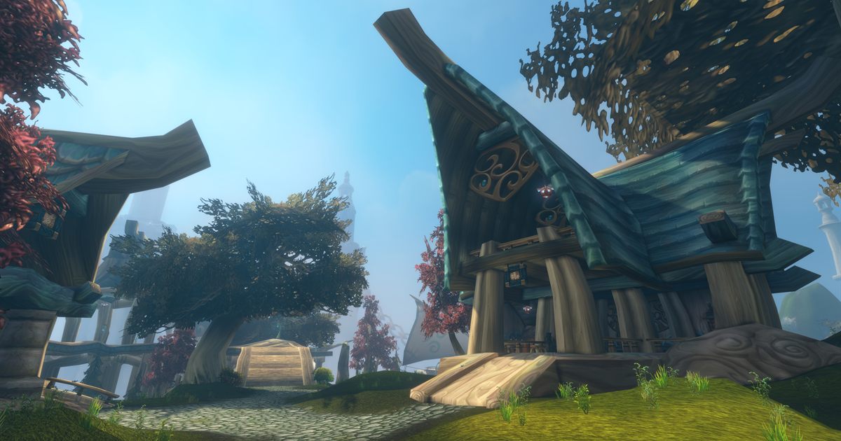 Wind-carved buildings and trees on Zephras Isle, the Skyborne starting zone