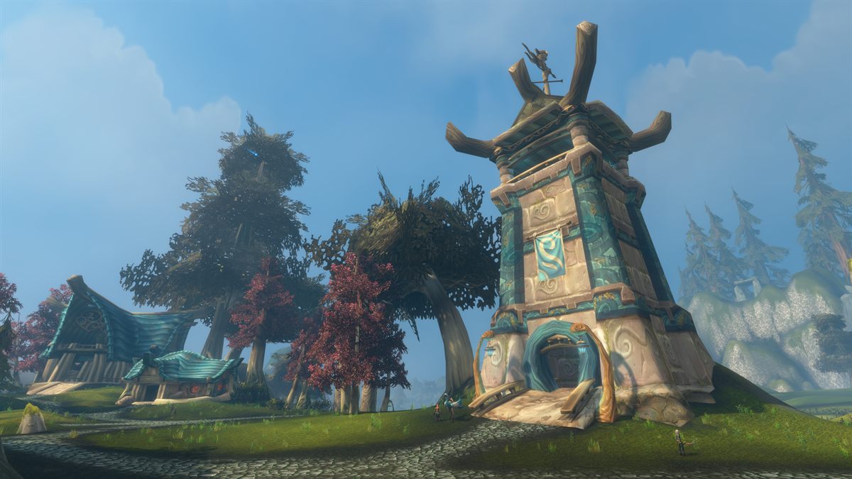 Wind-worn houses and trees on Zephras Isle, the floating Skyborne starting zone
